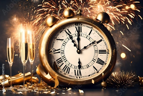 New Year 2024 with gold vintage clock, champagne, confetti and fireworks, concept. New Year's Ev