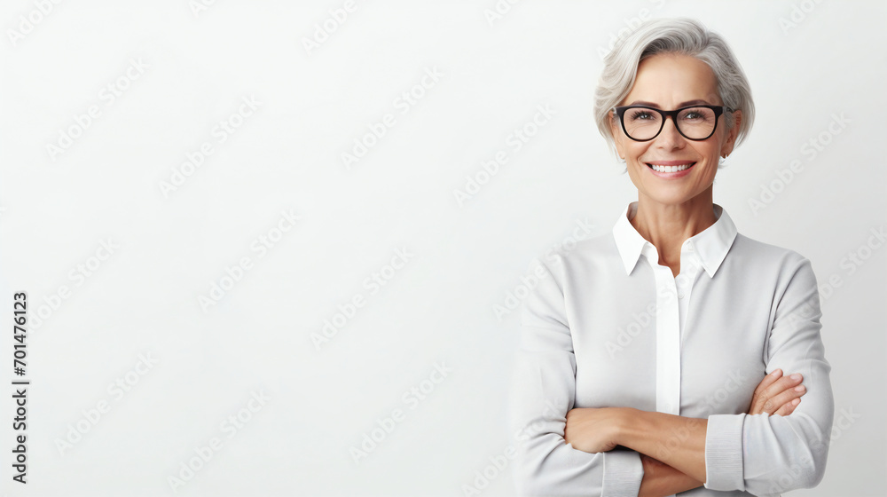 Beautiful smiling mature woman with short gray hair, on a light background, banner .Generative ai Beautiful smiling mature woman with short gray hair, on a light background, banner .Generative ai