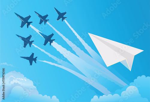 Jet planes and paper airplane soaring in the air