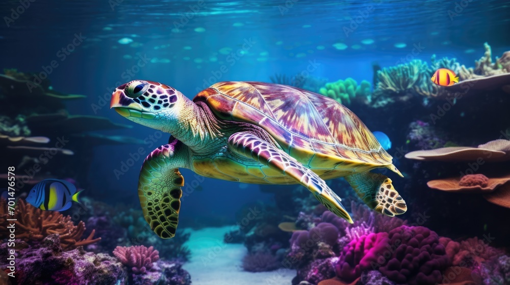 Fototapeta premium A turtle with a multicolored shell in a marine environment, highlighting the serene slowness of these animals generative ai