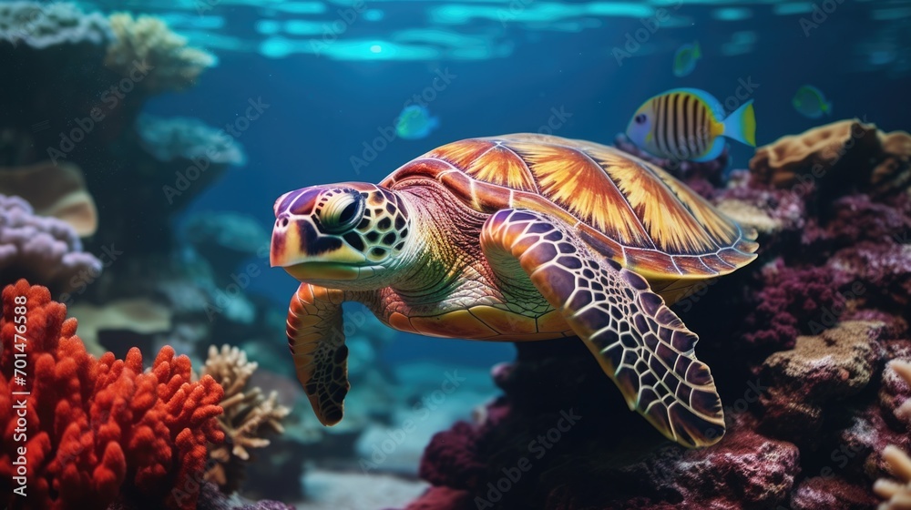 Fototapeta premium A turtle with a multicolored shell in a marine environment, highlighting the serene slowness of these animals generative ai