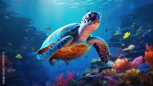 A turtle with a multicolored shell in a marine environment, highlighting the serene slowness of these animals generative ai
