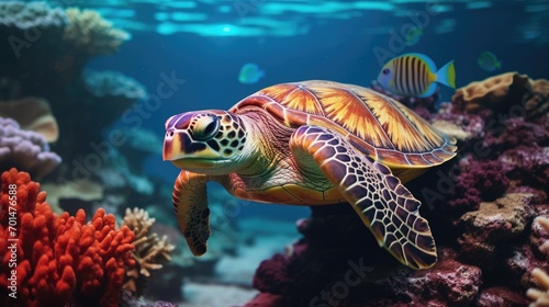 A turtle with a multicolored shell in a marine environment, highlighting the serene slowness of these animals generative ai © Francheska