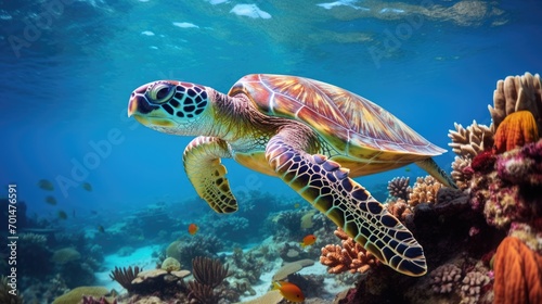 A turtle with a multicolored shell in a marine environment, highlighting the serene slowness of these animals generative ai