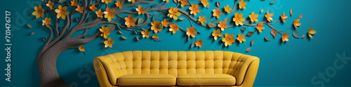 A 3D intricate pattern of a tulip tree with vibrant green and orange leaves on an azure blue wall, paired with a sunflower yellow sofa.