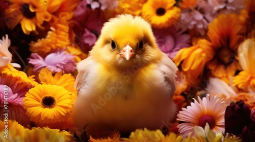 A yellow chick surrounded by vibrant flowers, highlighting the sweetness of its feathers generative ai © Francheska