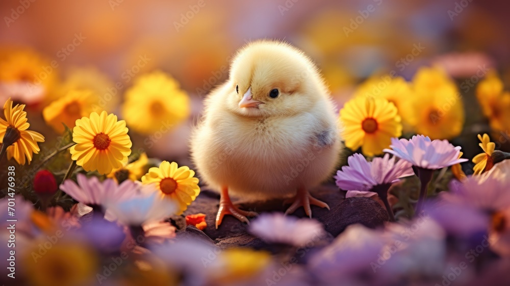 A yellow chick surrounded by vibrant flowers, highlighting the sweetness of its feathers generative ai