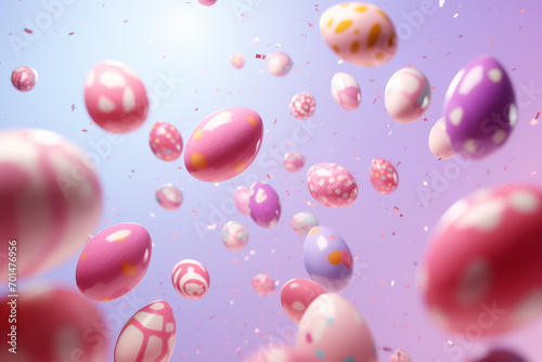 Colorful Flying Easter Eggs on Pink Background