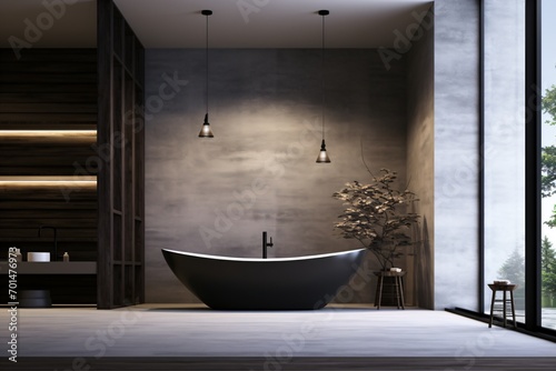 An elegant grey bathtub in a luxurious bathroom in an apartment