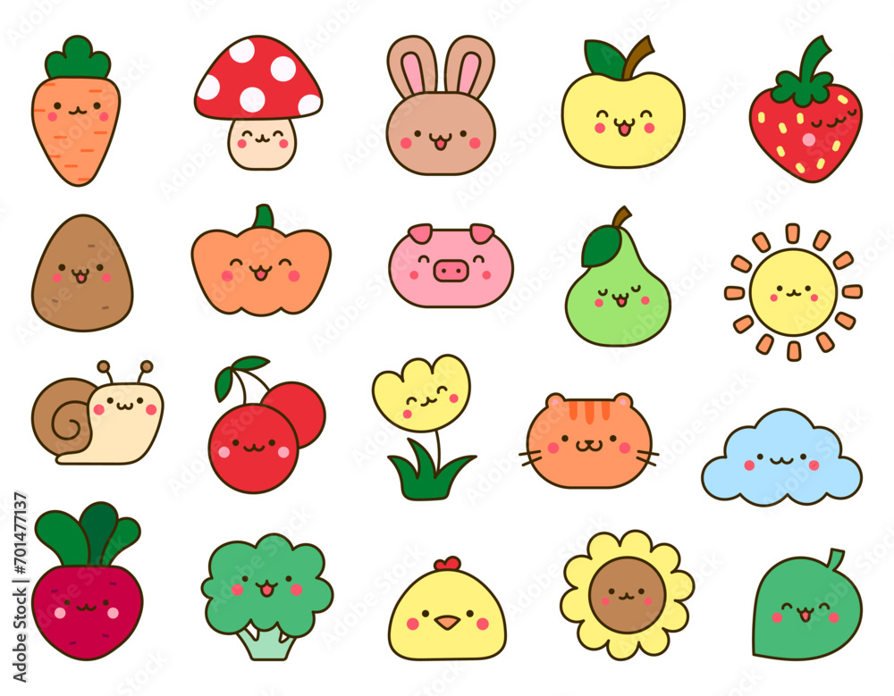 Fototapeta premium Kawaii cartoon farm characters. Cute animals, nature, vegetables, fruits, flowers. Hand drawn style. Vector drawing. Collection of design elements.