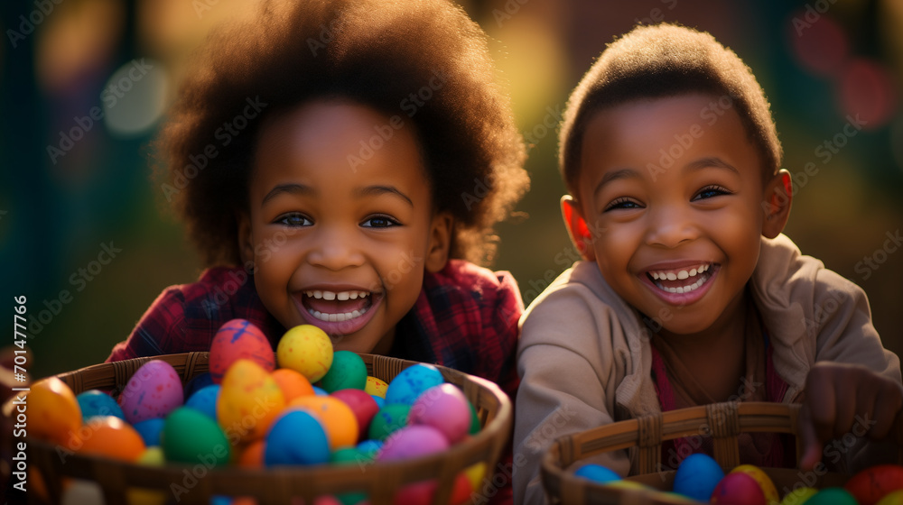African american siblings arranging easter eggs. African american siblings arranging easter eggs.