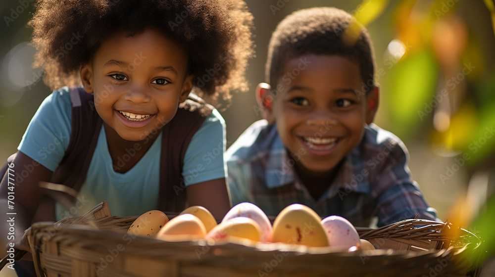 African american siblings arranging easter eggs. African american siblings arranging easter eggs.