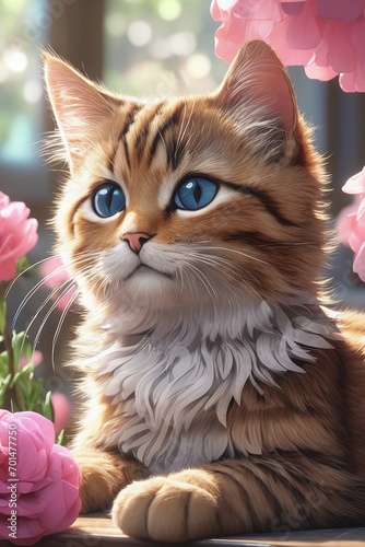 Fluffy tabby cat with blue eyes among pink flowers