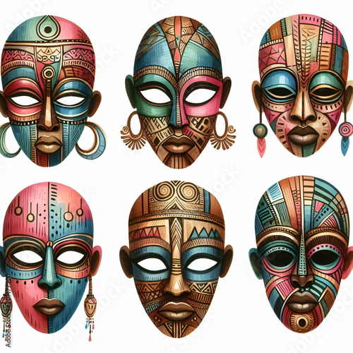 Set of Six Hand Drawn Watercolor Colorful Vintage Traditional 19th Century African Culture Scary Tribal Ritual Ceremonial Ethnic Wooden Human Face Facial Masque Masks Decor. Historic Intricate Costume
