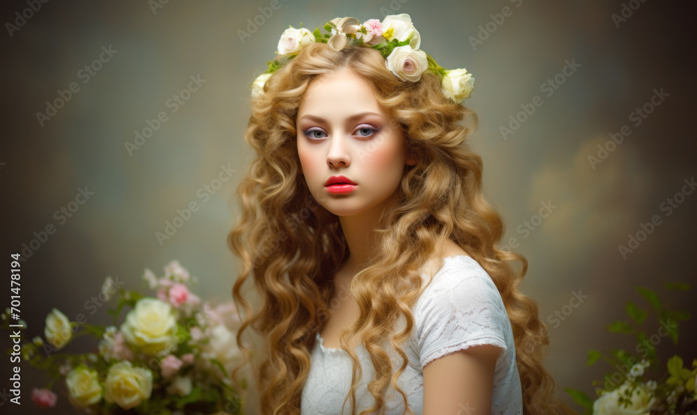 Ethereal young woman with delicate floral crown and flowing curls exudes romantic renaissance elegance against a vintage backdrop Ethereal young woman with delicate floral crown and flowing curls exudes romantic renaissance elegance against a vintage backdrop
