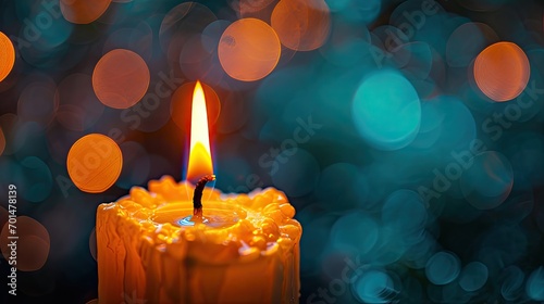 A blue backdrop with a yellow candle in it