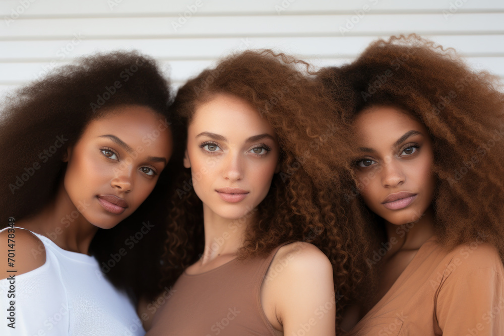Fototapeta premium Three women of diverse ethnicities with natural hair pose together, showcasing beauty and unity in diversity