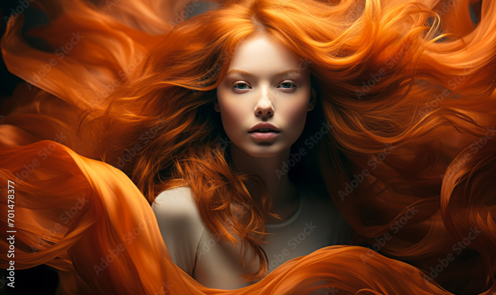 Ethereal Woman with Flowing Fiery Red Hair Enveloping Her in a Whirl of ...