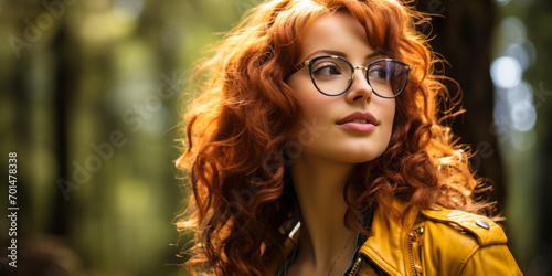 Vibrant Redheaded Young Woman in Yellow Leather Jacket and Glasses, Classic Artwork Background