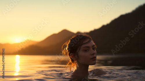 Serene sunset swim: A young woman's tranquil portrait emerges from water, with golden sunlight and mountain silhouette backdrop