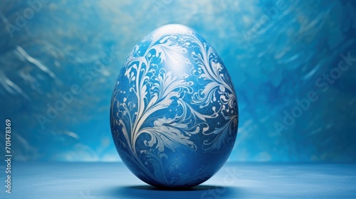  a blue and white painted egg sitting on a blue surface with a light shining through the top of the egg.