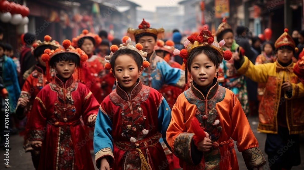 A group of children parading through the streets in colorful traditional costumes during the New Year festival.
