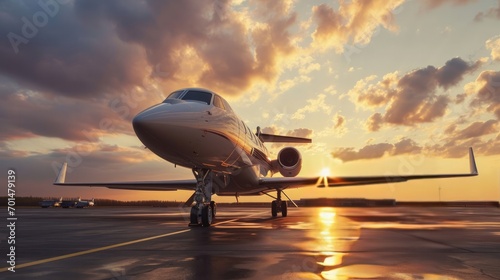 Private jet standing at an airport with setting sun traveling by aircraft airplane photo