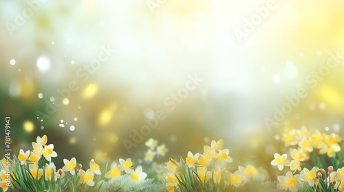 Narcissus grow on a lawn on a clear summer sunny day. Natural blurred background. Banner, free space for text, copy space