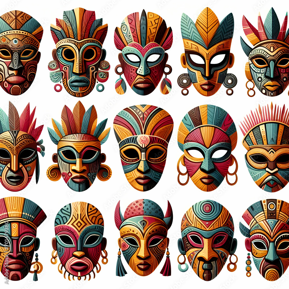 Set of Colorful Vintage Traditional 19th Century African Culture Scary Tribal Ritual Ceremonial Ethnic Wooden Human Face Facial Masque Masks Decor. Historic Intricate Lifestyle Costume