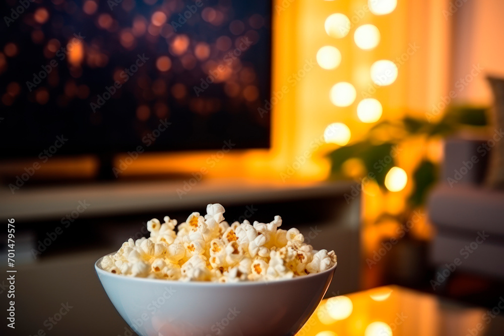 bowl of popcorn and remote control to watch a movie bowl of popcorn and remote control to watch a movie