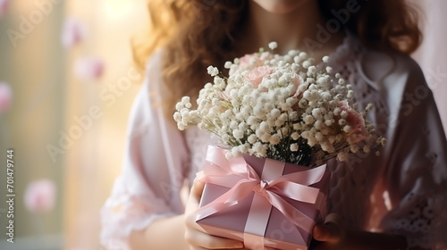 Close up of beautiful flower bouquet on woman's hand. A Gift and a gift box for woman. Luxury Flower Bouquet #701479744