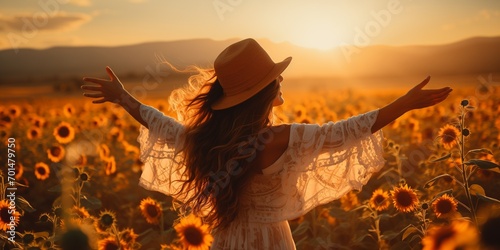 Woman in the sunflower field. A girl on the sunset in sunflowers. Country style. Summer vibes.  photo