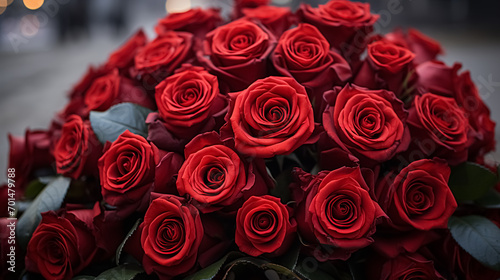 Red Roses Bouquet. Gift on Valentine s Day and International Women s Day. Big Beautiful shape of heart created with roses. Bouquet in the street with rose. A nice gift to women.