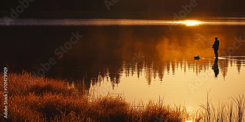 fly-fishing by a serene lake at dawn, golden-hour light reflecting on water