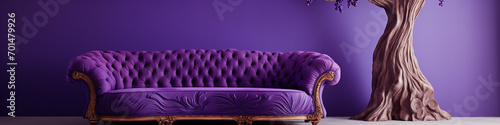 A captivating portrayal of a plane tree's mottled bark in an intricate 3D pattern above a majestic royal purple sofa, set against a serene buttercream wall.