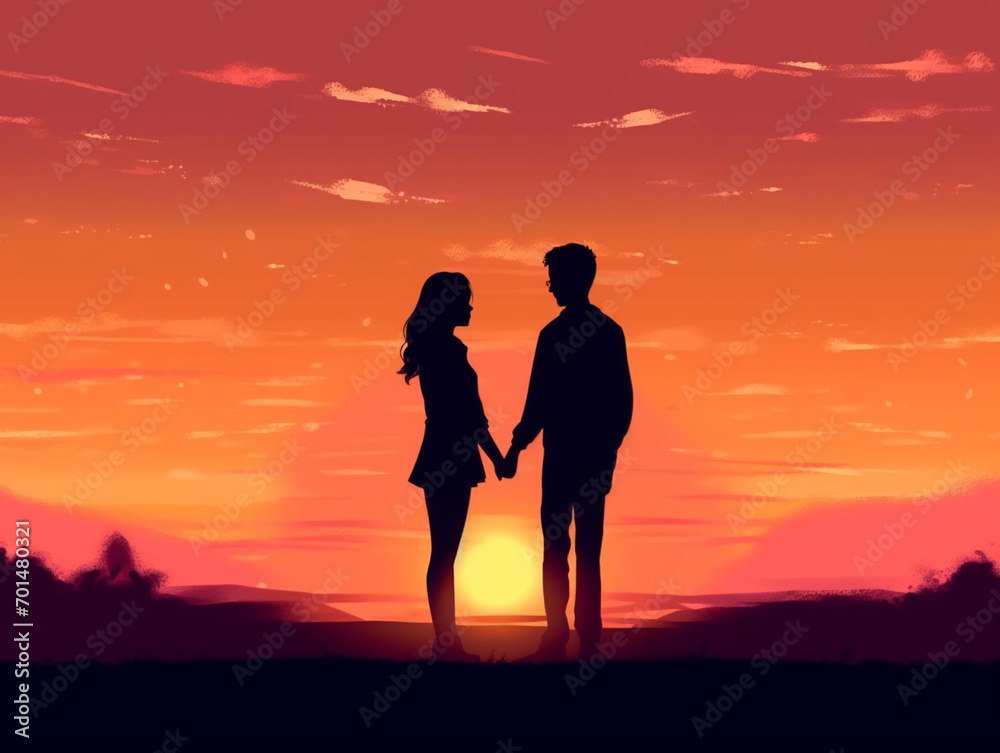 Silhouettes of a man and woman holding hands against a sunset background