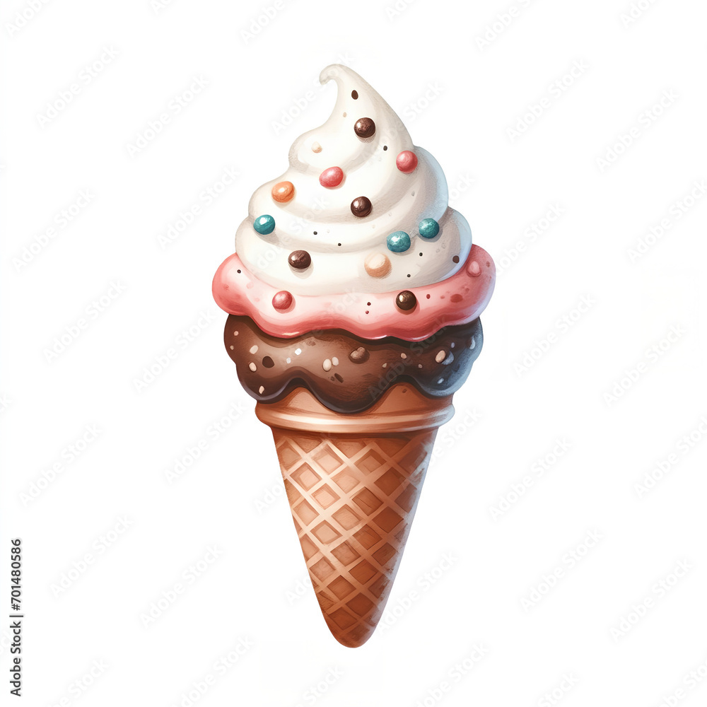 Cartoonish watercolor clipart with ice cream cone isolated Cartoonish watercolor clipart with ice cream cone isolated