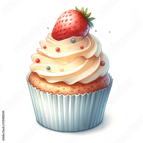 Cartoonish watercolor clipart with cupcake isolated