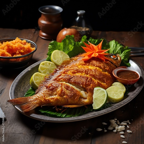 fried fish on a plate next to garnish, in the style of sumatraism photo