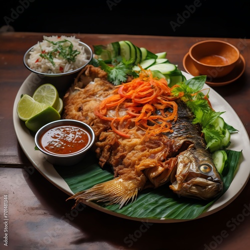 fried fish on a plate next to garnish, in the style of sumatraism photo