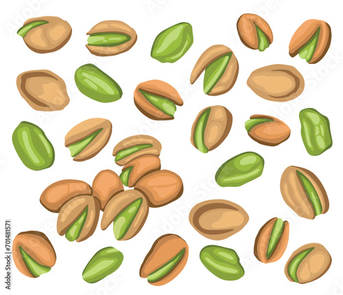 Set of colored realistic roasted pistachios nuts in group, separate on white background. Salty delicious organic food, nutshells. peeled. Food package, traditional snack, green, healthy, nutritional.