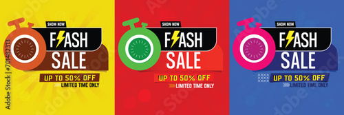 Flash Sale Shopping Poster or banner with Flash icon and text on red, yellow and blue background. Special Offer 50% Flash Sale limited time only campaign. Flash Sales banner template design for web 