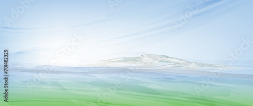 Israel land. A view on a Hermon mountain. Vector nature illustration. Watercolor art, fields and meadows with mountains in the horizon. 