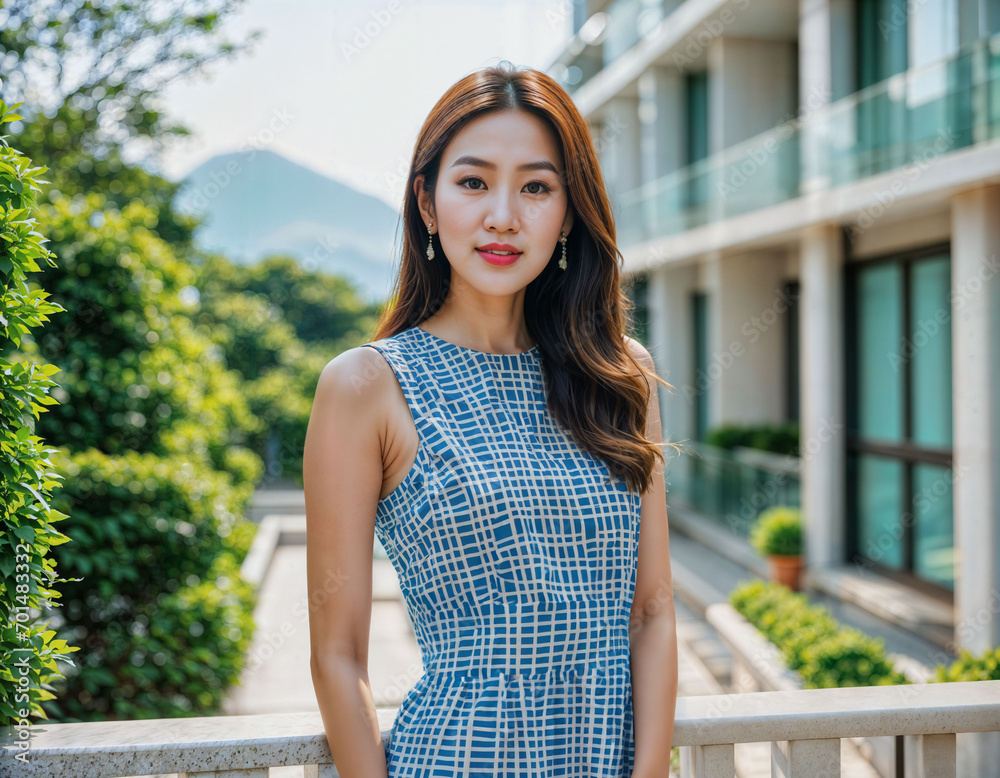 photo of beautiful asian woman with print dress at rooftop fresh garden , generative AI