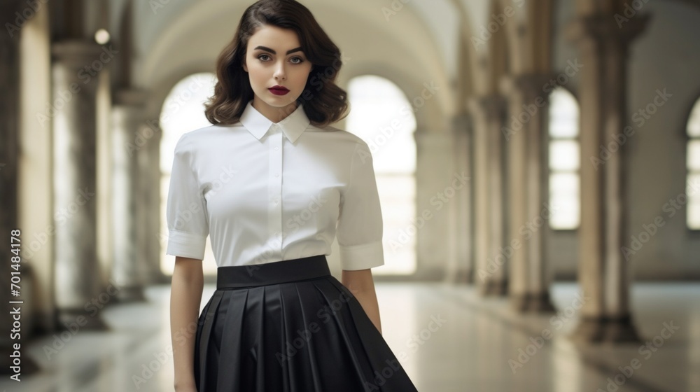 A timeless, A-line skirt in classic black paired with a simple white blouse.