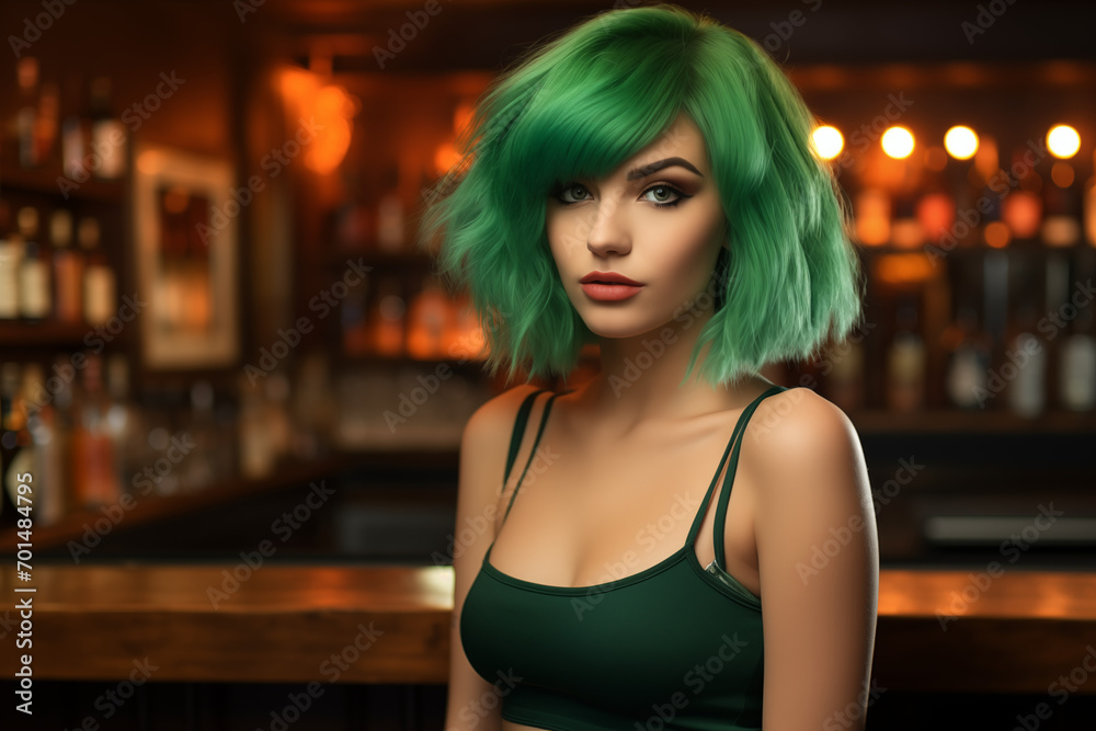 Portrait of a young tempting woman with short green hair in the bar. St patricks day. High quality photo Portrait of a young tempting woman with short green hair in the bar. St patricks day. High quality photo