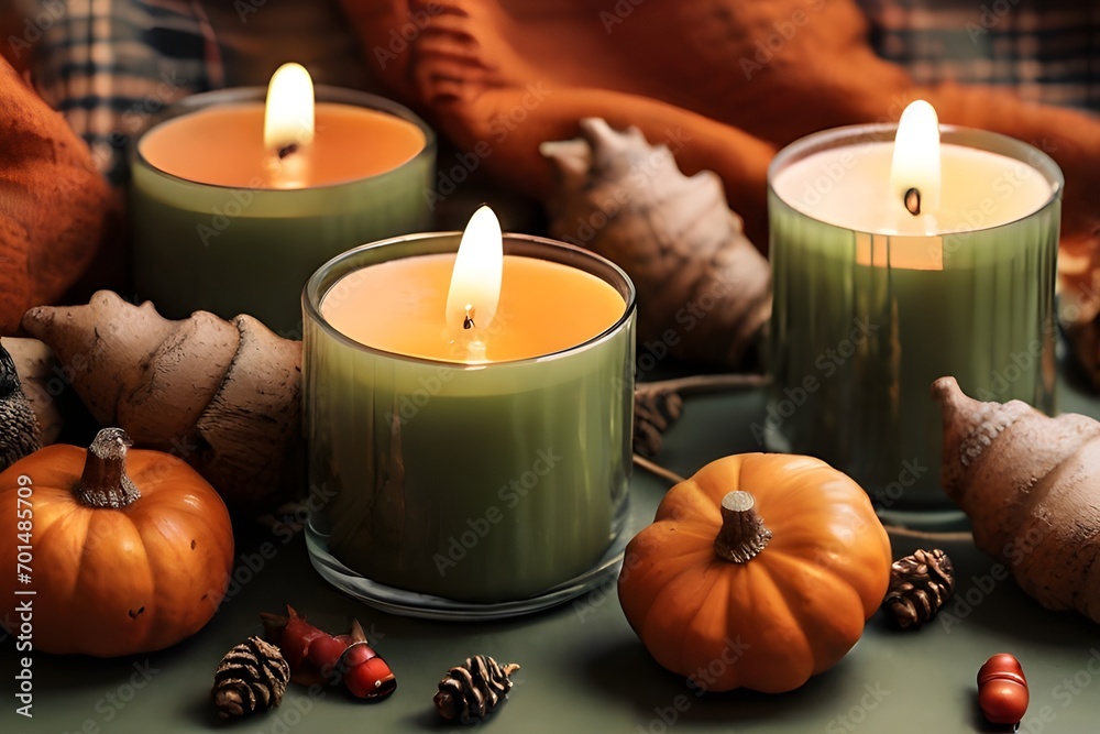 Enchanting fall aesthetic concept. Top view photo of candles, warm cashmere plaid, acorns, pumpkins, maple leaves on olive background Enchanting fall aesthetic concept. Top view photo of candles, warm cashmere plaid, acorns, pumpkins, maple leaves on olive background