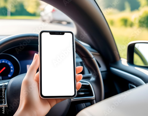 Mock up image, girl using blank white screen mobile smart phone inside a car in sunny day. Generative AI