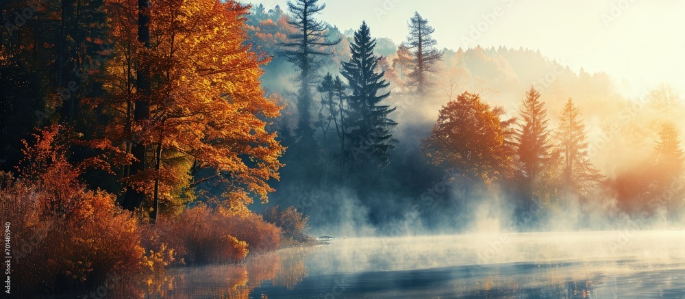 Minimalistic landscape in misty autumn morning on lake with grass and tree trunk. Creative Banner. Copyspace image