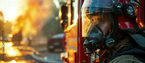 Photo of fireman wearing helmet with ax against fire engine. Creative Banner. Copyspace image